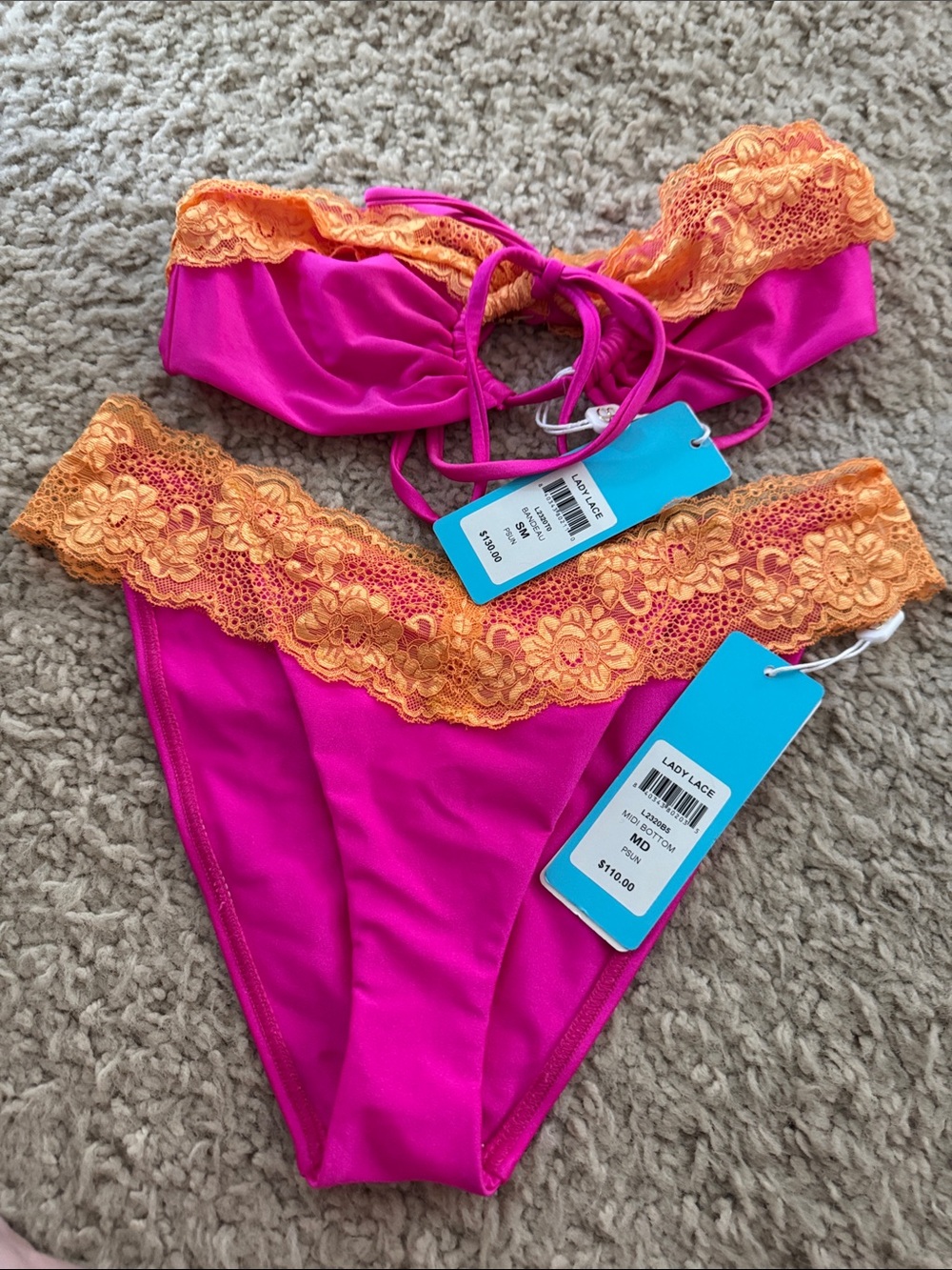 Beach Bunny Hot Pink and Orange Lace Bikini Set